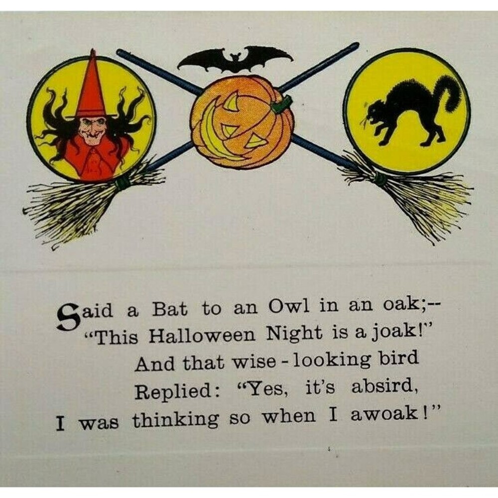 Halloween Postcard Gibson Said A Bat To An Owl Poem Witch Broom Black Cat Unused